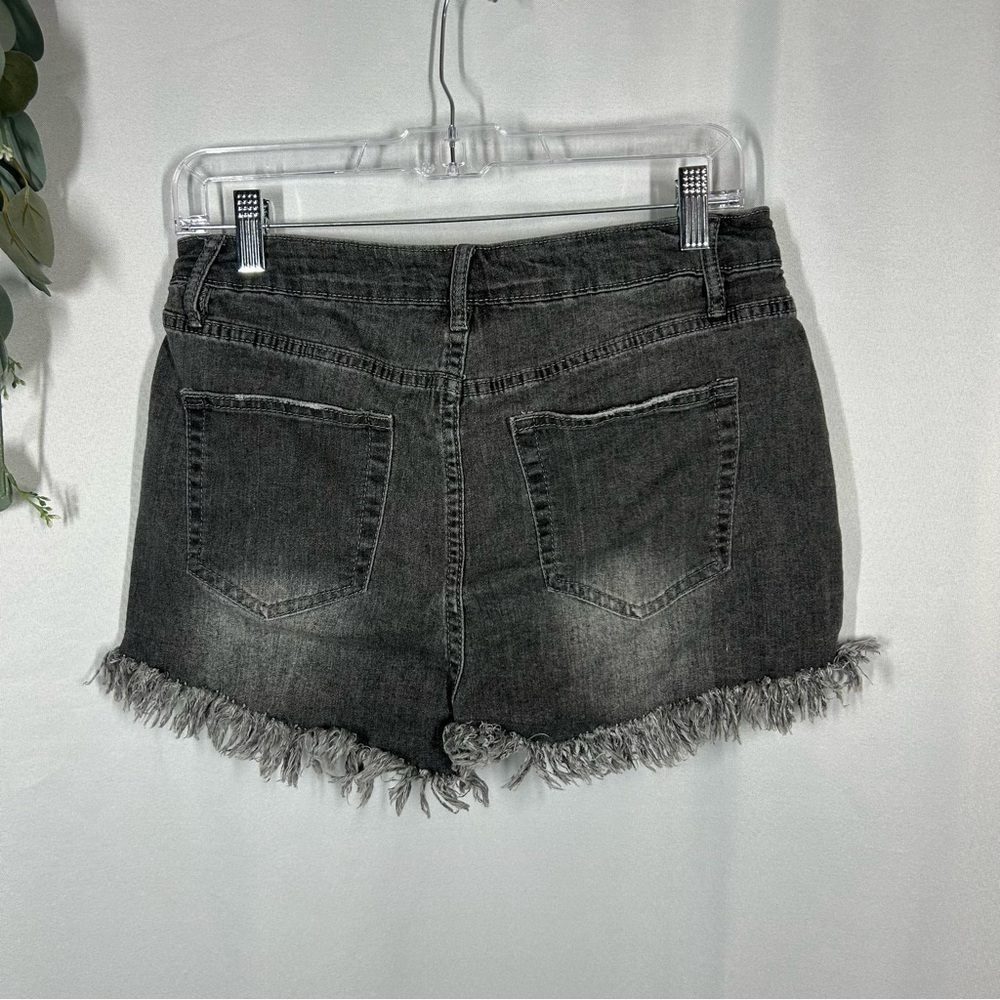 High Rise Cutoff Shorts Jean Denim Gray Frayed Raw Hem Ripped Size Large Juniors - Picture 5 of 10